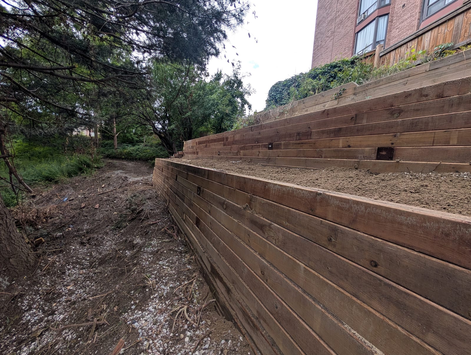 Long terraced timber retaining wall viewed along its length on a graded urban backyard slope